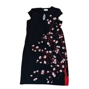Nikki Poulos Cherry Blossom Dress 1X Black Red Floral Midi Sheath Keyhole Neck